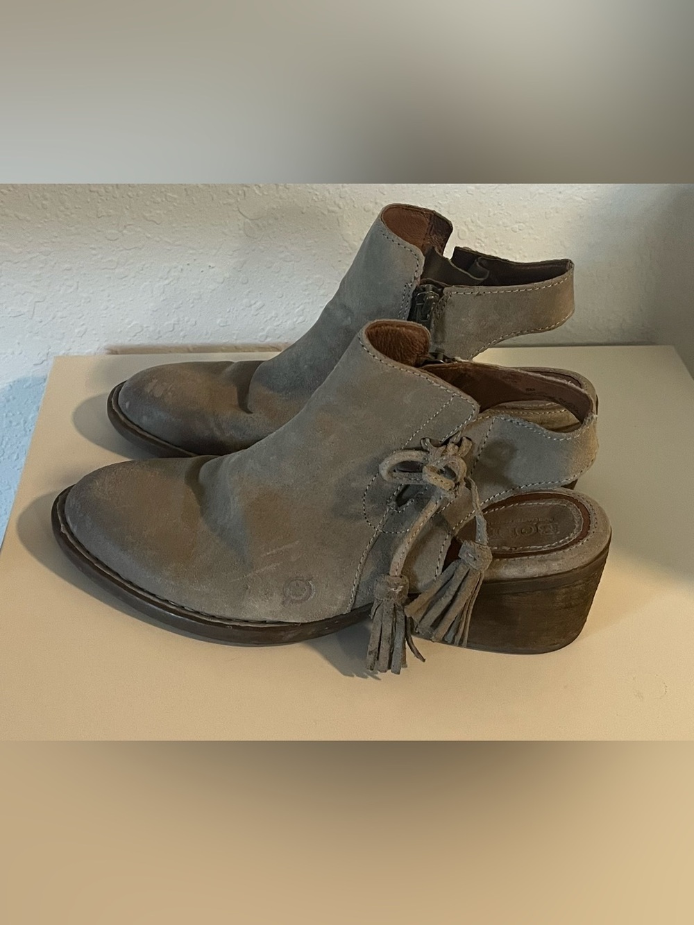 Born Gray Suede Tassel Cutout Ankle Booties